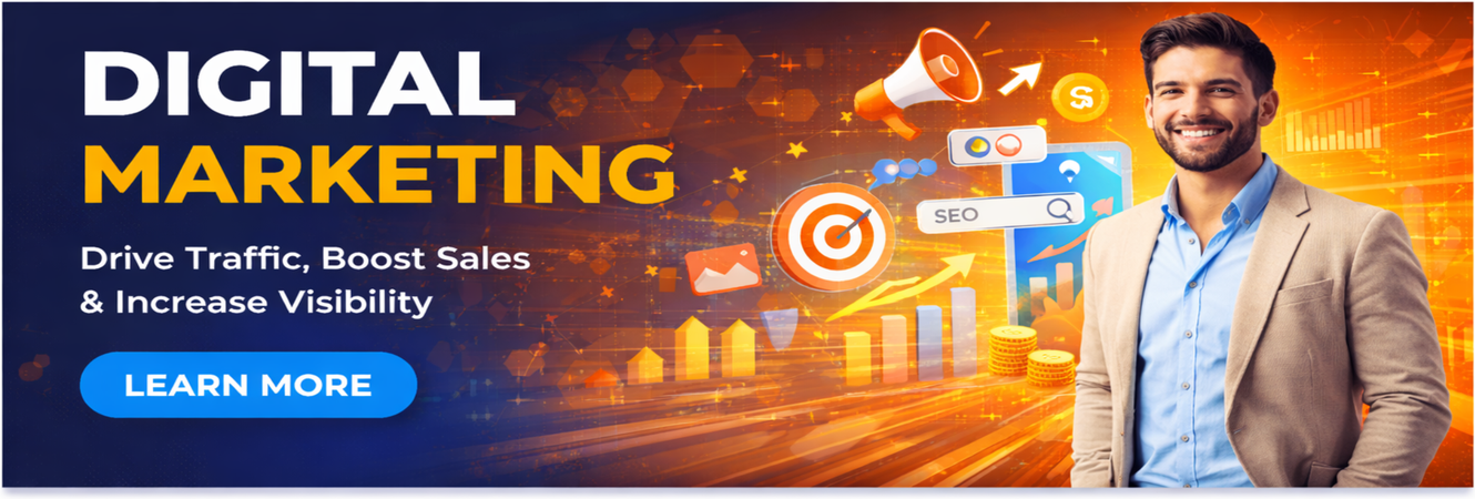 Online courses banner showing a student learning with a laptop, highlighting web development, digital marketing, data science, and professional skills training.