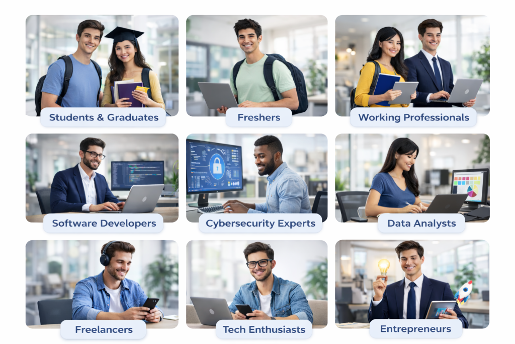 Students, freshers, working professionals, developers, analysts, freelancers, tech enthusiasts, and entrepreneurs engaged in technology learning and professional growth.