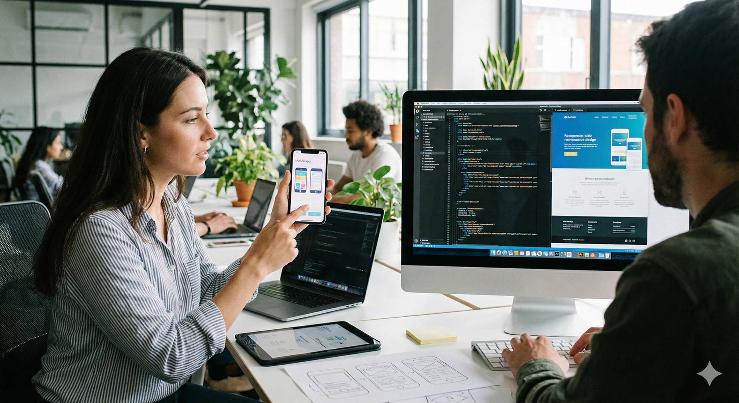 Mobile and web developers reviewing app design and source code during a collaborative software development session