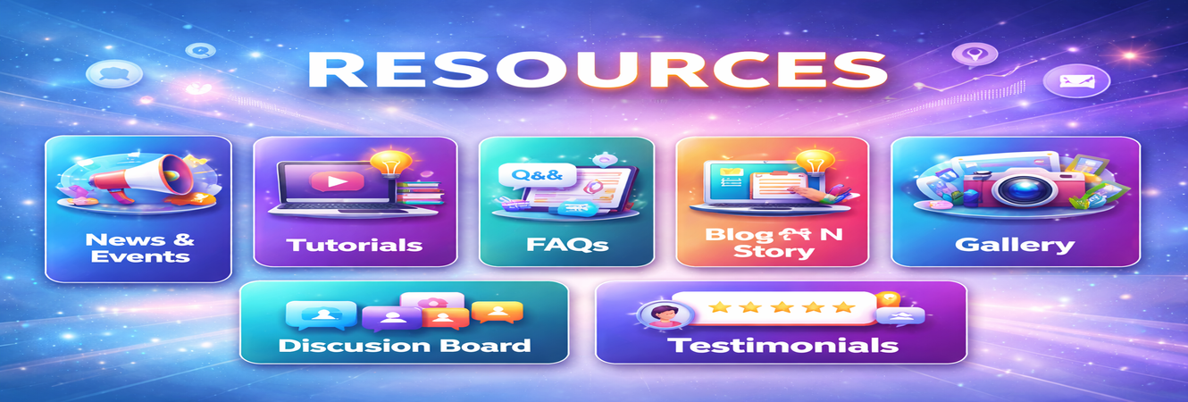 Resources banner displaying sections for news and events, tutorials, FAQs, blog and stories, discussion board, gallery, and testimonials.