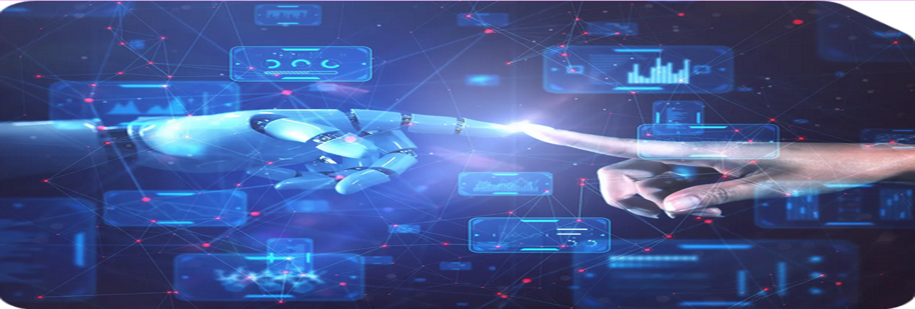 Human hand touching a robotic hand representing artificial intelligence, digital automation, and smart technology innovation