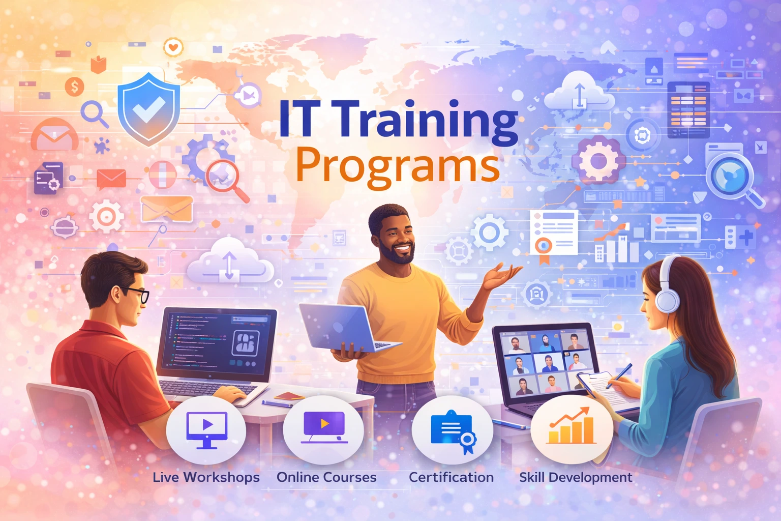 IT training programs illustration showing an instructor guiding learners through online courses, live workshops, certifications, and skill development