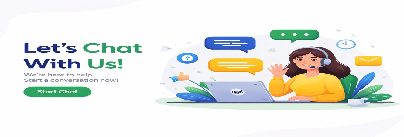 Chat support banner showing a friendly customer support agent with chat bubbles, inviting users to start a conversation online