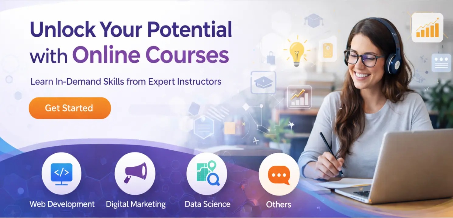 Online courses banner showing a student learning with a laptop, highlighting web development, digital marketing, data science, and professional skills training.
