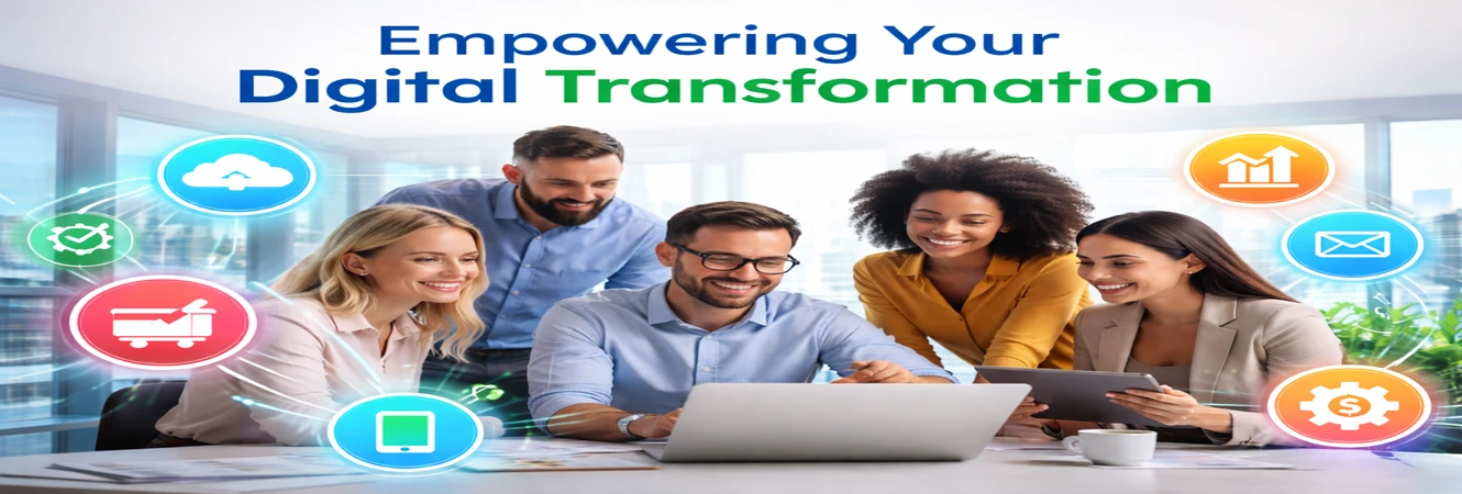 Team collaborating on mobile and web application development with digital transformation icons representing cloud, analytics, security, and growth