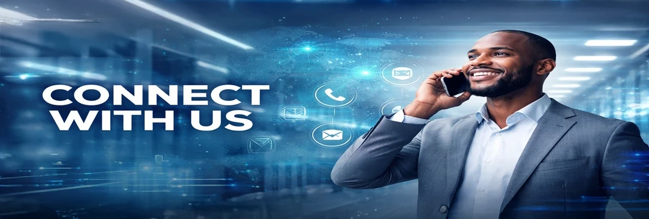 Business professional speaking on phone with digital communication icons and ‘Connect With Us’ message