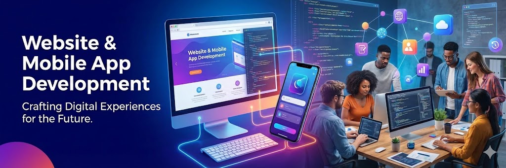 Team developing website and mobile applications with UI design, coding screens, and connected digital technology interface.