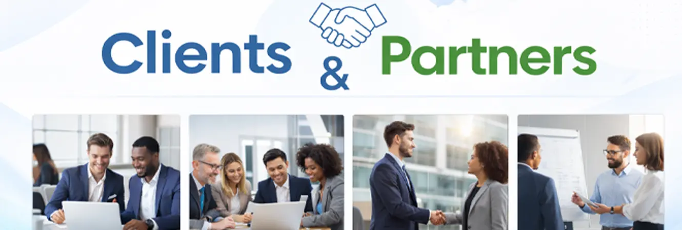 Business professionals collaborating in meetings and handshakes, representing clients and partners working together