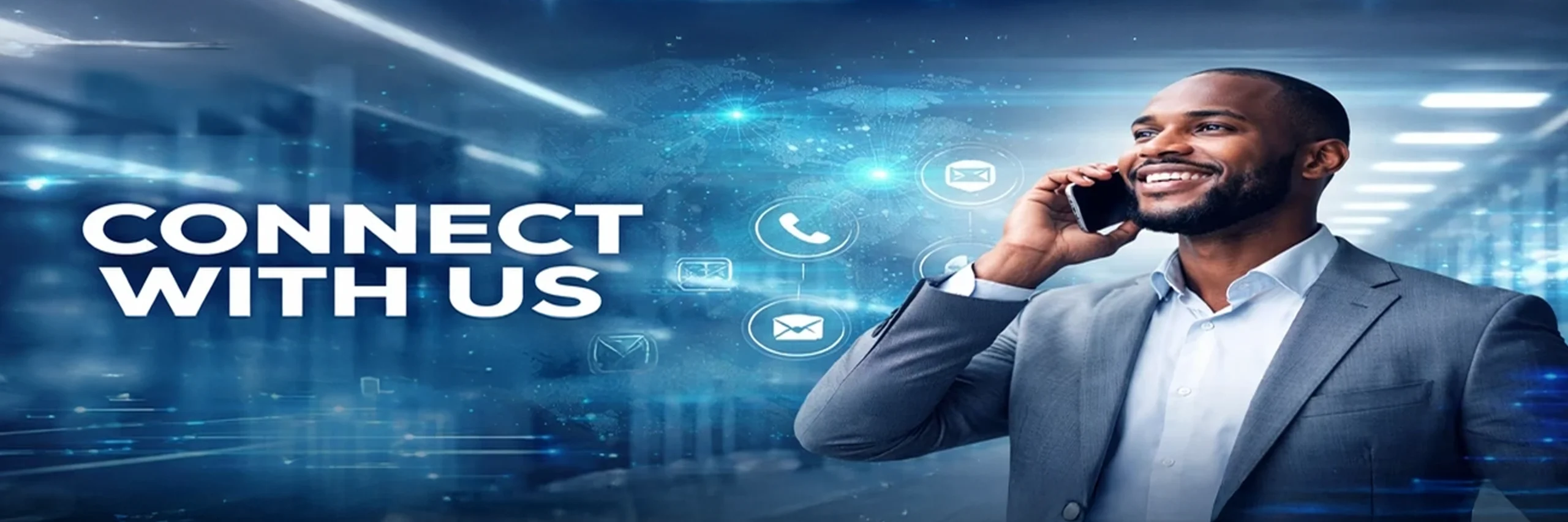 Business professional speaking on phone with digital communication icons and ‘Connect With Us’ message