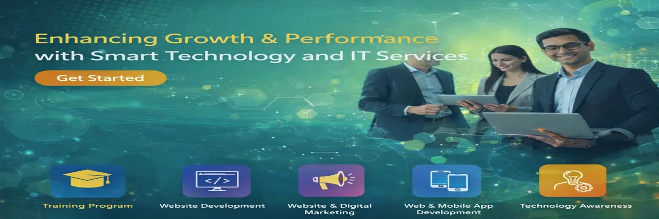 Banner showcasing Regent iTech services focused on enhancing business growth and performance through smart technology and IT services, including training, web development, digital marketing, mobile apps, and technology awareness.