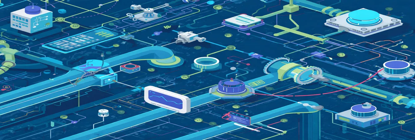 Illustration of interconnected data engineering systems with pipelines, automation tools, cloud components, and digital workflow architecture.