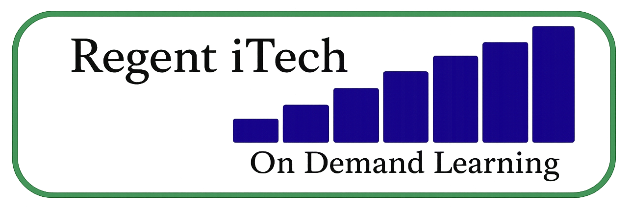 Regent iTech logo featuring a rising bar graph symbol with the text ‘Regent iTech’ and the tagline ‘On Demand Learning’ on a gradient background.