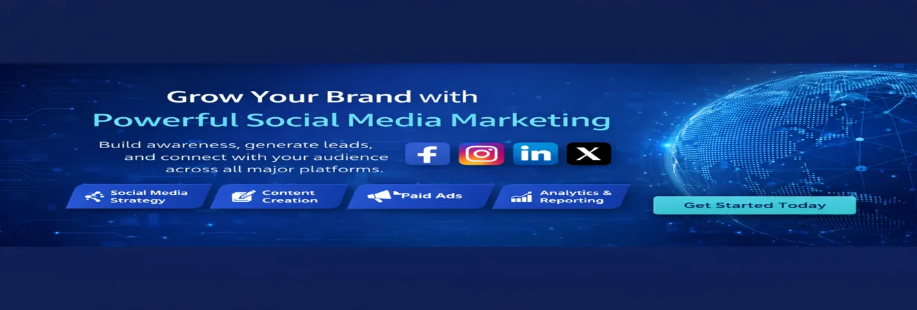 Social media marketing services banner for Regent I-Tech showing brand growth, digital engagement, and global social media strategy.