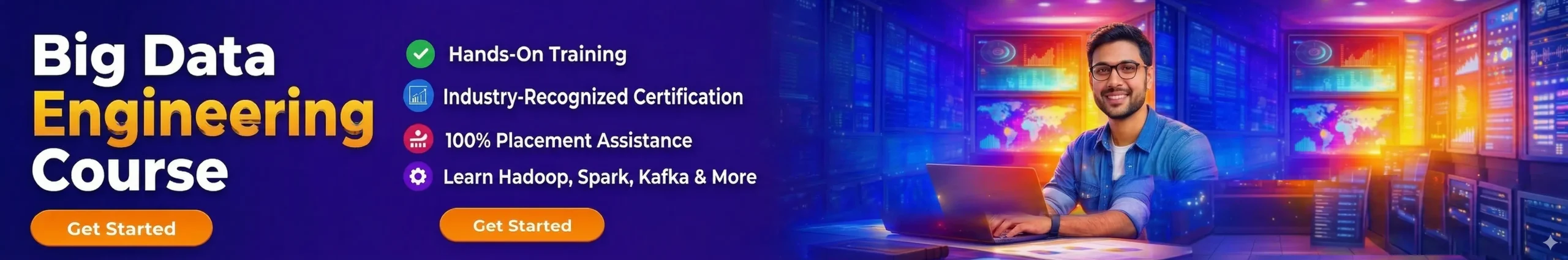 Big Data Engineering course banner with hands-on training, industry-recognized certification, placement assistance, and technologies like Hadoop, Spark, and Kafka.