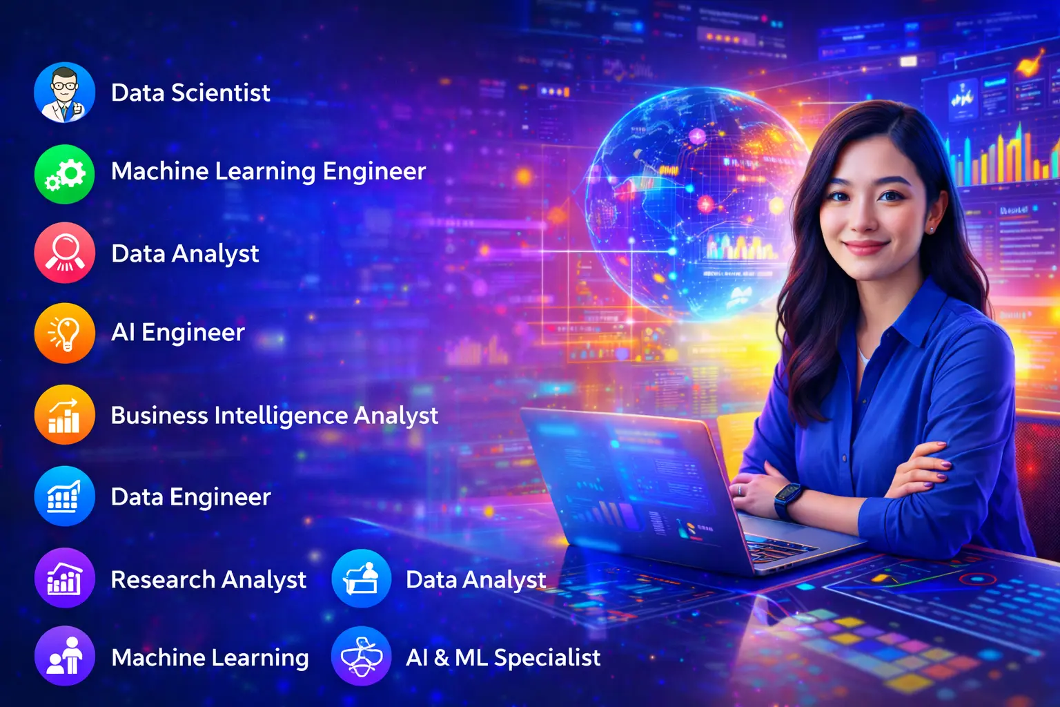 Data science AI & ML career opportunities showing roles like data scientist, machine learning engineer and data analyst.
