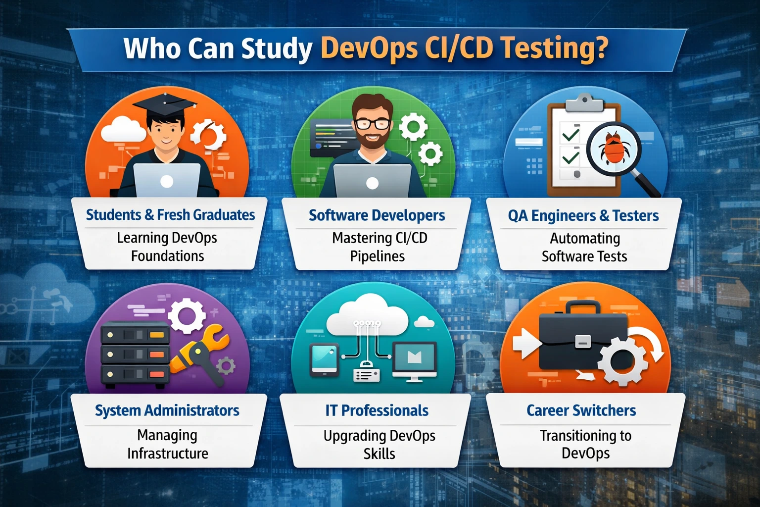 Who can study DevOps CI/CD & Testing infographic for students, developers, QA testers, and IT professionals.