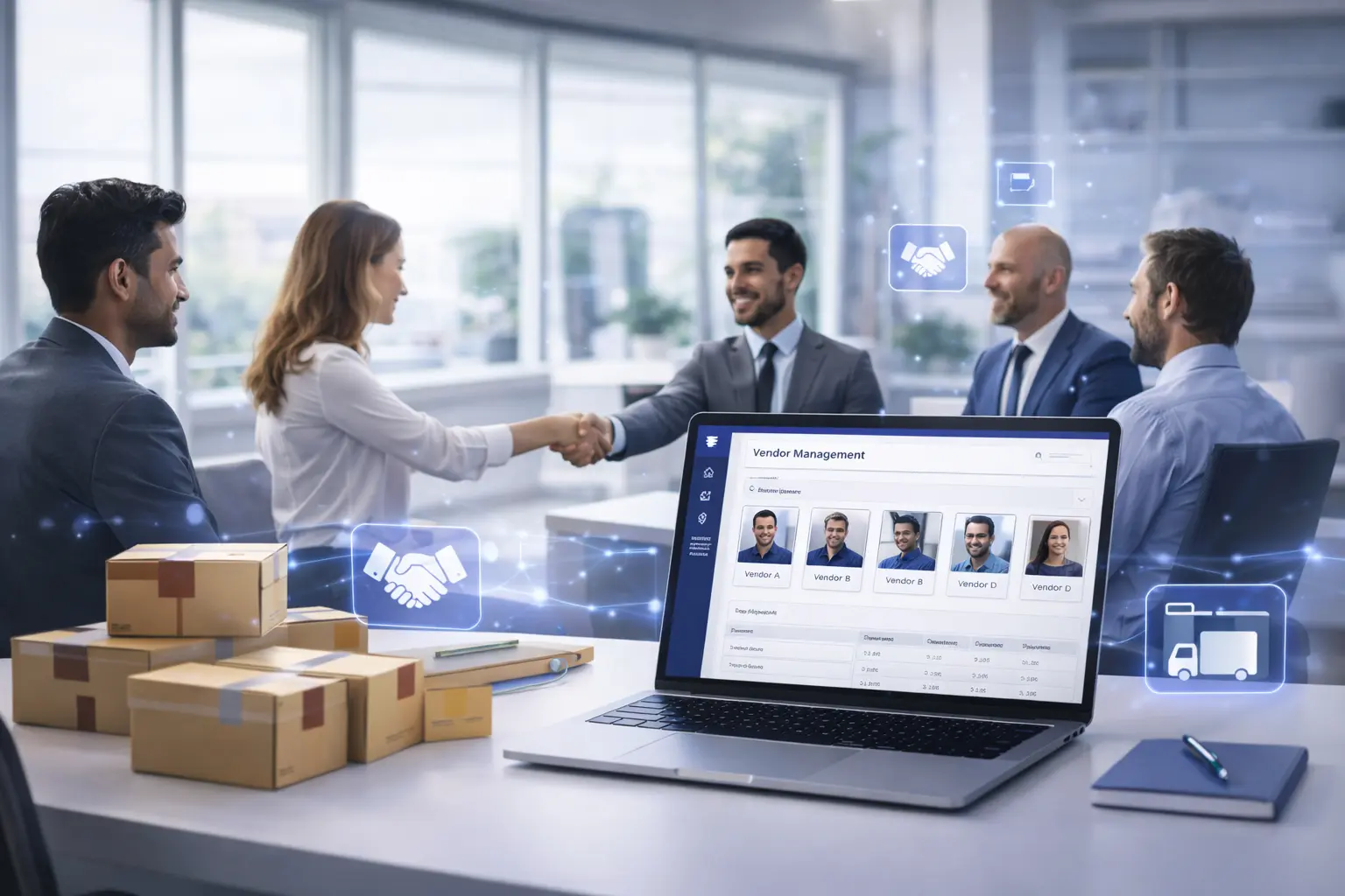 Technology News & Events vendor onboarding meeting showing professionals handshake and corporate training collaboration.