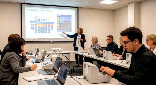 Instructor-led classroom training session on Learning Management System Platform and digital learning tools.