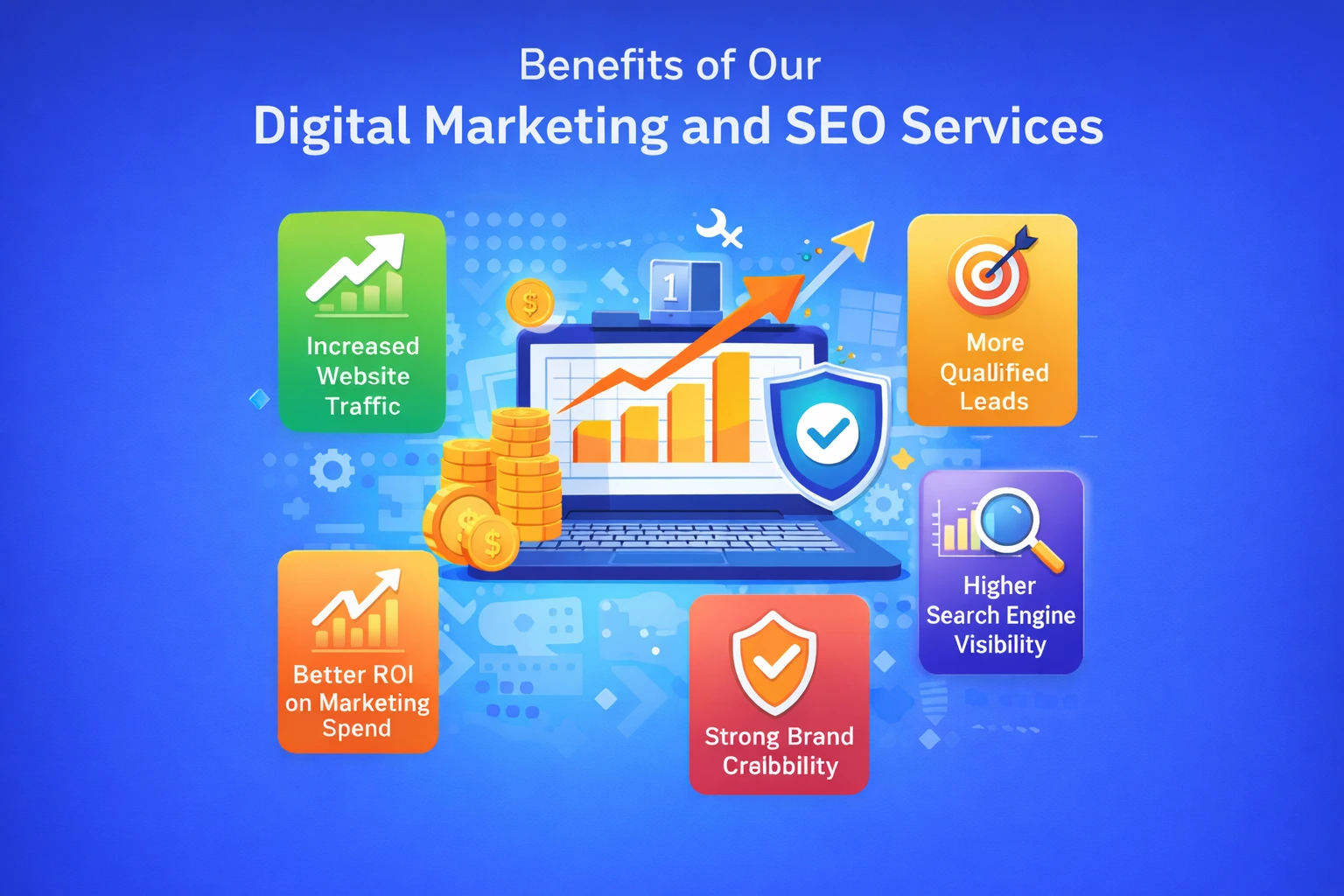 Benefits of Digital Marketing and SEO Services showing increased traffic, qualified leads, better ROI, and higher search visibility