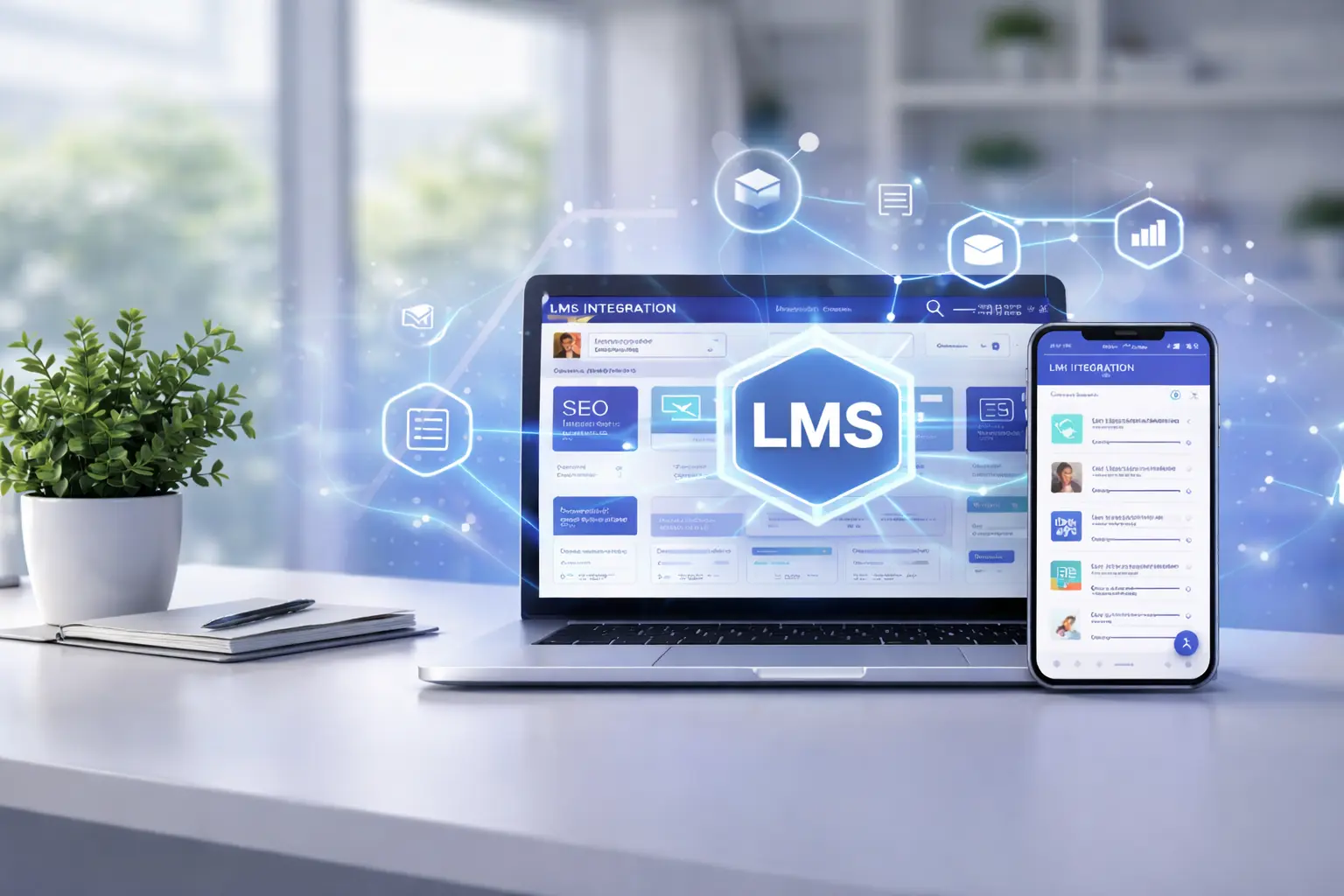 Technology News & Events LMS integration showing online learning system dashboard on laptop and mobile devices.
