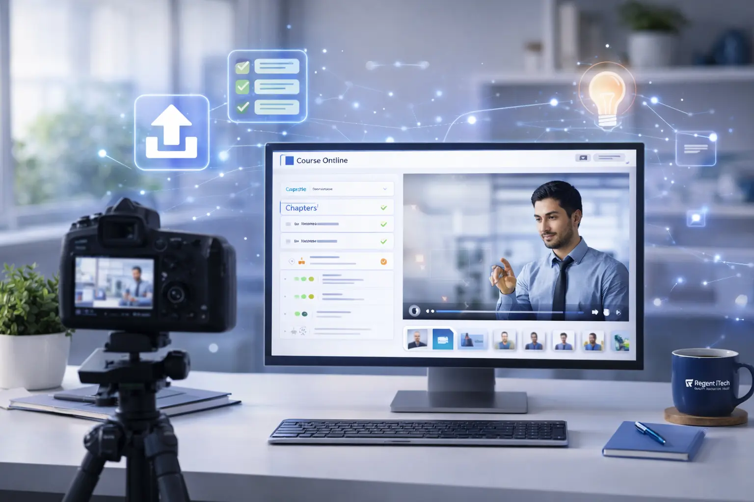 Technology News & Events course video integration showing online training videos and structured course modules on screen.