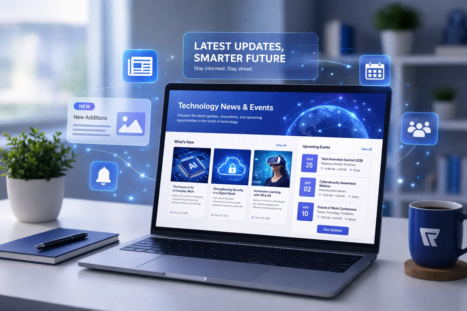 Technology News & Events new additions displayed on laptop with digital notifications, updates, and event icons in modern workspace.