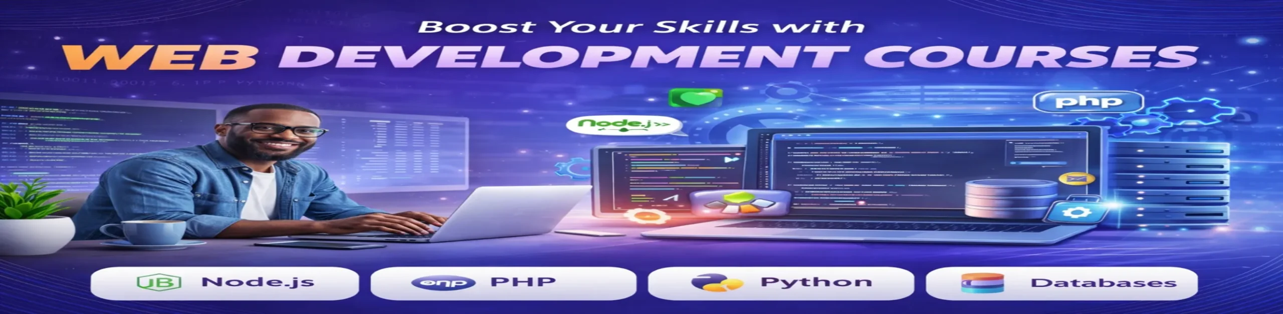 Web development courses banner showcasing backend technologies like Node.js, PHP, Python, and databases for modern web applications.